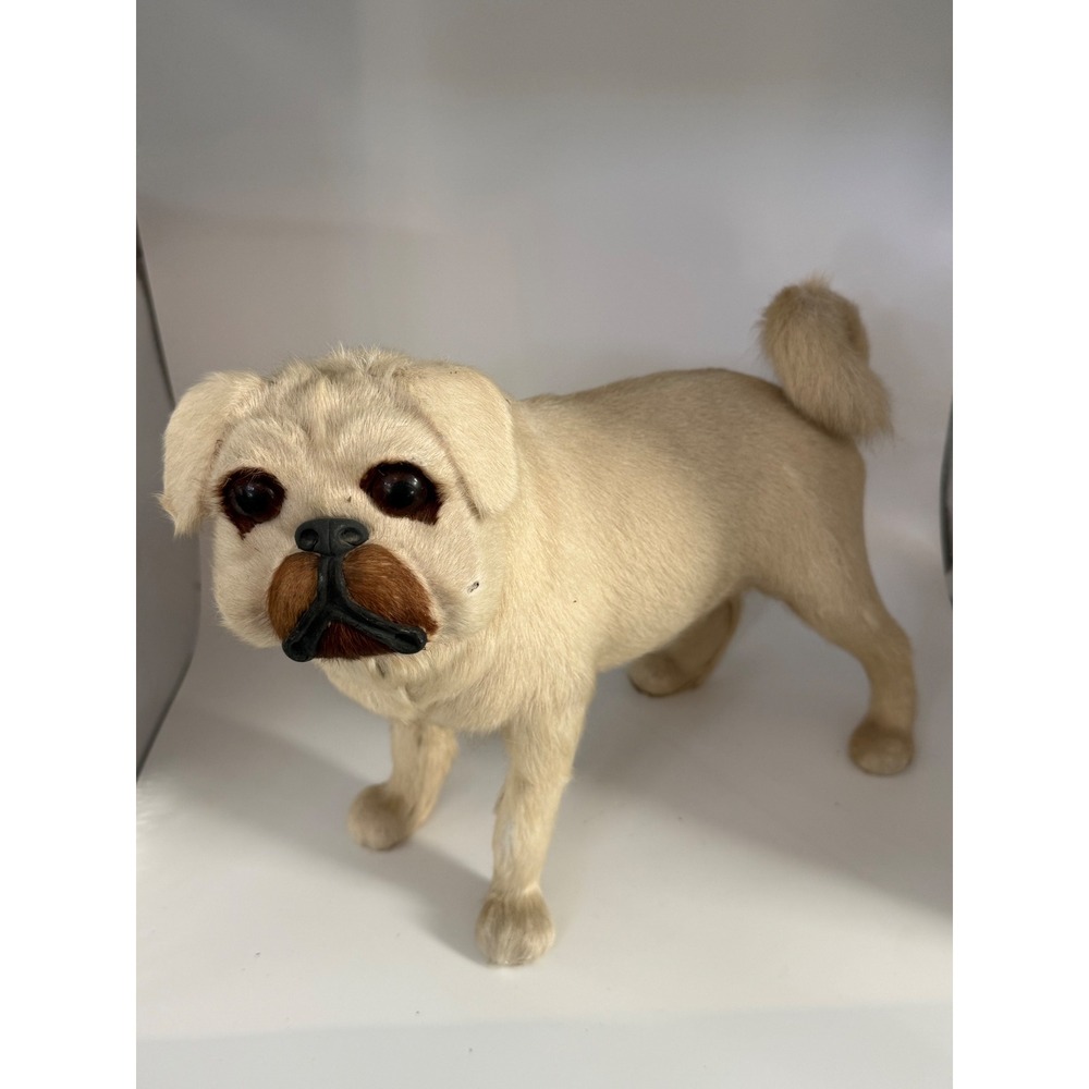 Vtg Realistic Fawn Pug Dog Figurine Faux Fur Standing Pet Statue Curled Tail